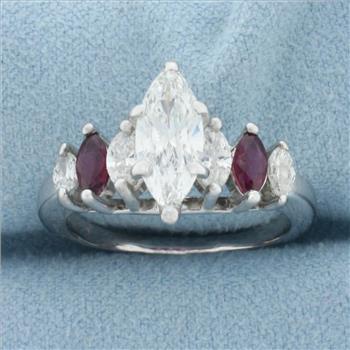 Marquise Diamond and Ruby Engagement Ring in 14k White Gold