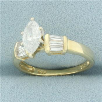 Marquise Diamond Baguette Accented Engagement Ring in 14k Yellow Gold
