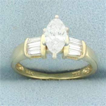 Marquise Diamond Baguette Accented Engagement Ring in 14k Yellow Gold