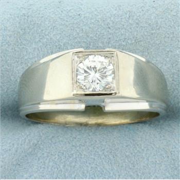 Mens 1ct Diamond Solitaire Ring in 14K White Gold