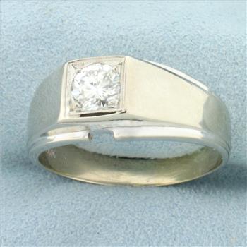 Mens 1ct Diamond Solitaire Ring in 14K White Gold