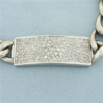 Mens 2ct Pave Set Diamond ID Style Curb Link Bracelet in 18k White Gold