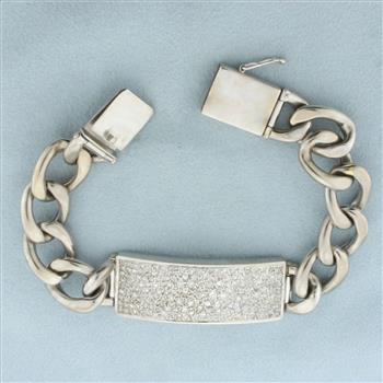 Mens 2ct Pave Set Diamond ID Style Curb Link Bracelet in 18k White Gold