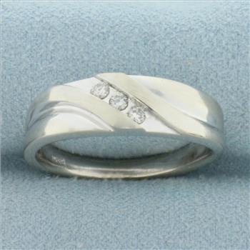 Mens 3 Stone Diagonal Diamond Wedding or Anniversary Band Ring in 10k White Gold