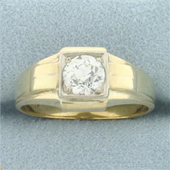 Mens Antique Old European Diamond Solitaire Ring in 10k Yellow Gold