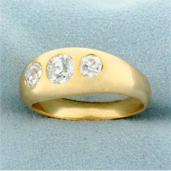 Mens Antique Old European Diamond Three Stone Ring in 14K Yellow Gold