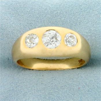 Mens Antique Old European Diamond Three Stone Ring in 14K Yellow Gold