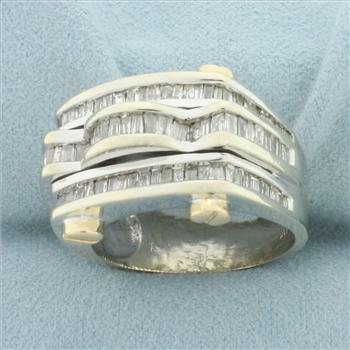 Mens Baguette Diamond Screw Design Ring in 14k Yellow and White Gold