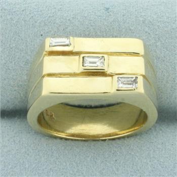 Mens Emerald Cut Diamond Brick Design Ring in 14k Yellow Gold