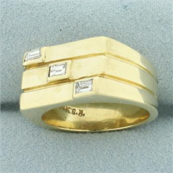 Mens Emerald Cut Diamond Brick Design Ring in 14k Yellow Gold