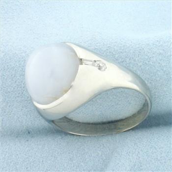 Mens Natural Star Sapphire and Diamond Ring in 18k White Gold