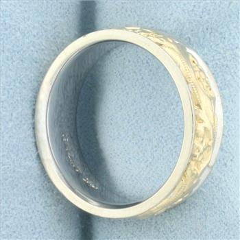 Mens Nature Design Wedding Band Ring in 14k Yellow and White Gold