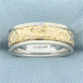 Mens Nature Design Wedding Band Ring in 14k Yellow and White Gold