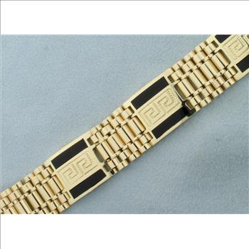 Mens Onyx Inlay Greek Key Bracelet in 14k Yellow Gold