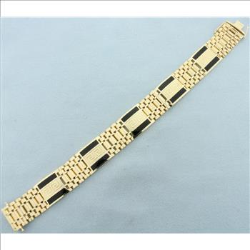 Mens Onyx Inlay Greek Key Bracelet in 14k Yellow Gold