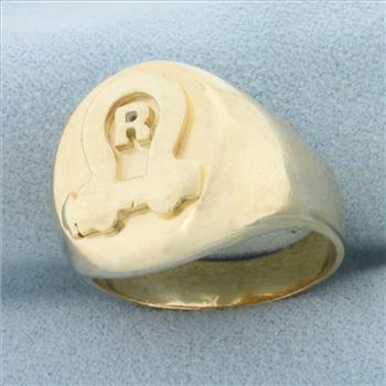 Mens R Initial Monogram Signet Ring in 14k Yellow Gold