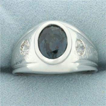 Mens Teal Sapphire and Old European Cut Diamond Ring in 14k White Gold