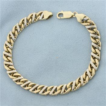Mens Two Tone Curb Link Bracelet in 10k Yellow and White Gold