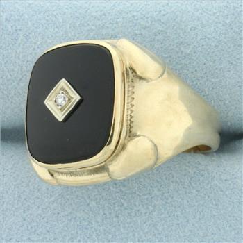 Mens Vintage Onyx and Diamond Ring in 10k Yellow Gold
