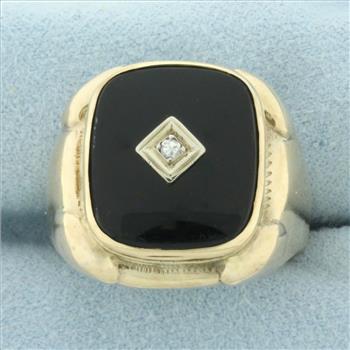 Mens Vintage Onyx and Diamond Ring in 10k Yellow Gold