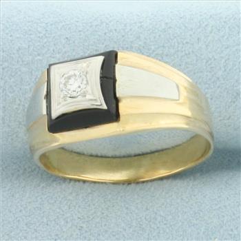 Mens Vintage Onyx and Diamond Ring in 14k Yellow and White Gold