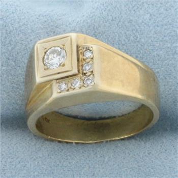 Mens Vintage Step Design Diamond Ring in 14K Yellow Gold