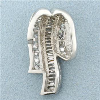 Modern Baguette and Round Diamond Pendant or Slide in 14K White Gold