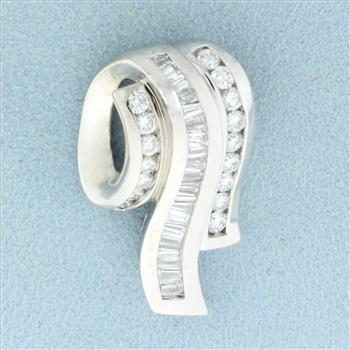 Modern Baguette and Round Diamond Pendant or Slide in 14K White Gold