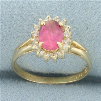 Morganite and Diamond Halo Princess Diana Ring in 14k Yellow Gold