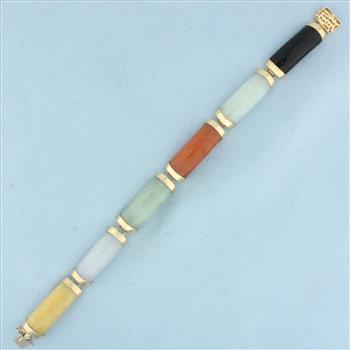 Multi Color Jade Good Fortune Link Bracelet in 14k Yellow Gold