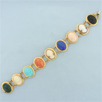 Multi Gem Hand Carved Cameo Bracelet in 18k Yellow Gold