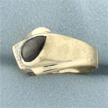 Natural Black Star Sapphire and Diamond Ring in 14k Yellow Gold