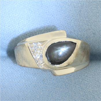 Natural Black Star Sapphire and Diamond Ring in 14k Yellow Gold