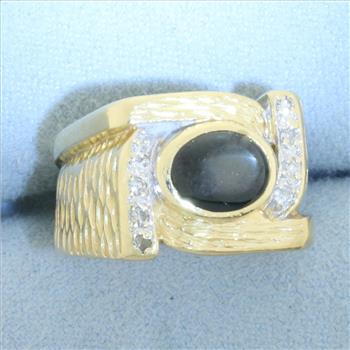 Natural Black Star Sapphire and Diamond Ring in 14k Yellow Gold