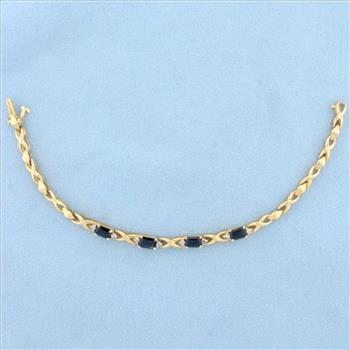 Natural Sapphire and Diamond Tennis Bracelet in 14K Yellow Gold