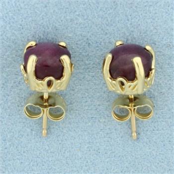 Natural Star Ruby Stud Earrings 14k Yellow Gold