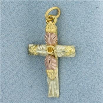 Nature Design Cross Charm or Pendant in 12k Yellow, Rose, and White Gold
