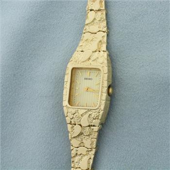 Nugget Seiko Watch in Solid 14k Yellow Gold Bracelet and Case