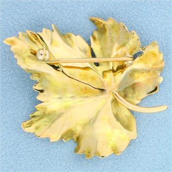 Numbered Designer Diamond Maple Leaf Brooch in 14k Yellow Gold