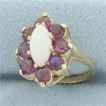 Opal and Tourmaline Halo Flower Ring in 14k Yellow Gold