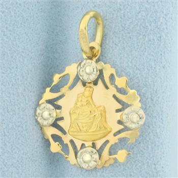 Our Lady of Pompeii Charm in 8k Yellow Gold with White Gold Accents