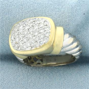 Pave Diamond Cable Design Ring in 18k Yellow and White Gold
