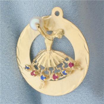 Pearl, Ruby, and Sapphire Dancer Charm or Pendant in 14k Yellow Gold