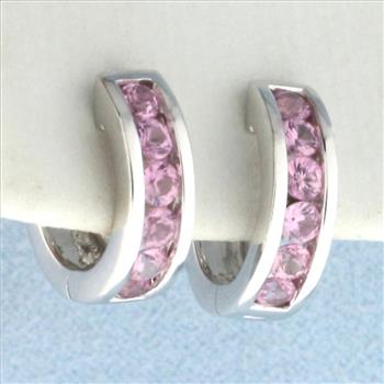Pink Sapphire Huggie Hoop Earrings in 14k White Gold