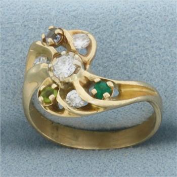 Pinwheel Diamond and Gemstone Ring in 14K Yellow Gold