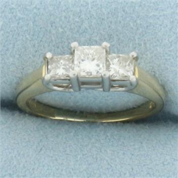 Princess Cut Diamond 3 Stone Past Present Future Wedding Ring in 14k Yellow Gold