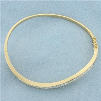 Princess Diamond Wave Design Bangle Bracelet in 18k Yellow Gold