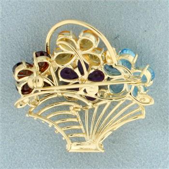 Rainbow Gemstone and Diamond Flower Basket Brooch in 14K Yellow Gold