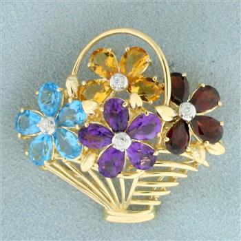 Rainbow Gemstone and Diamond Flower Basket Brooch in 14K Yellow Gold