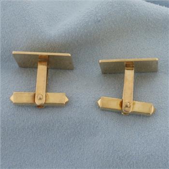 Rectangular Grooved Border Cufflinks In 14k Yellow Gold